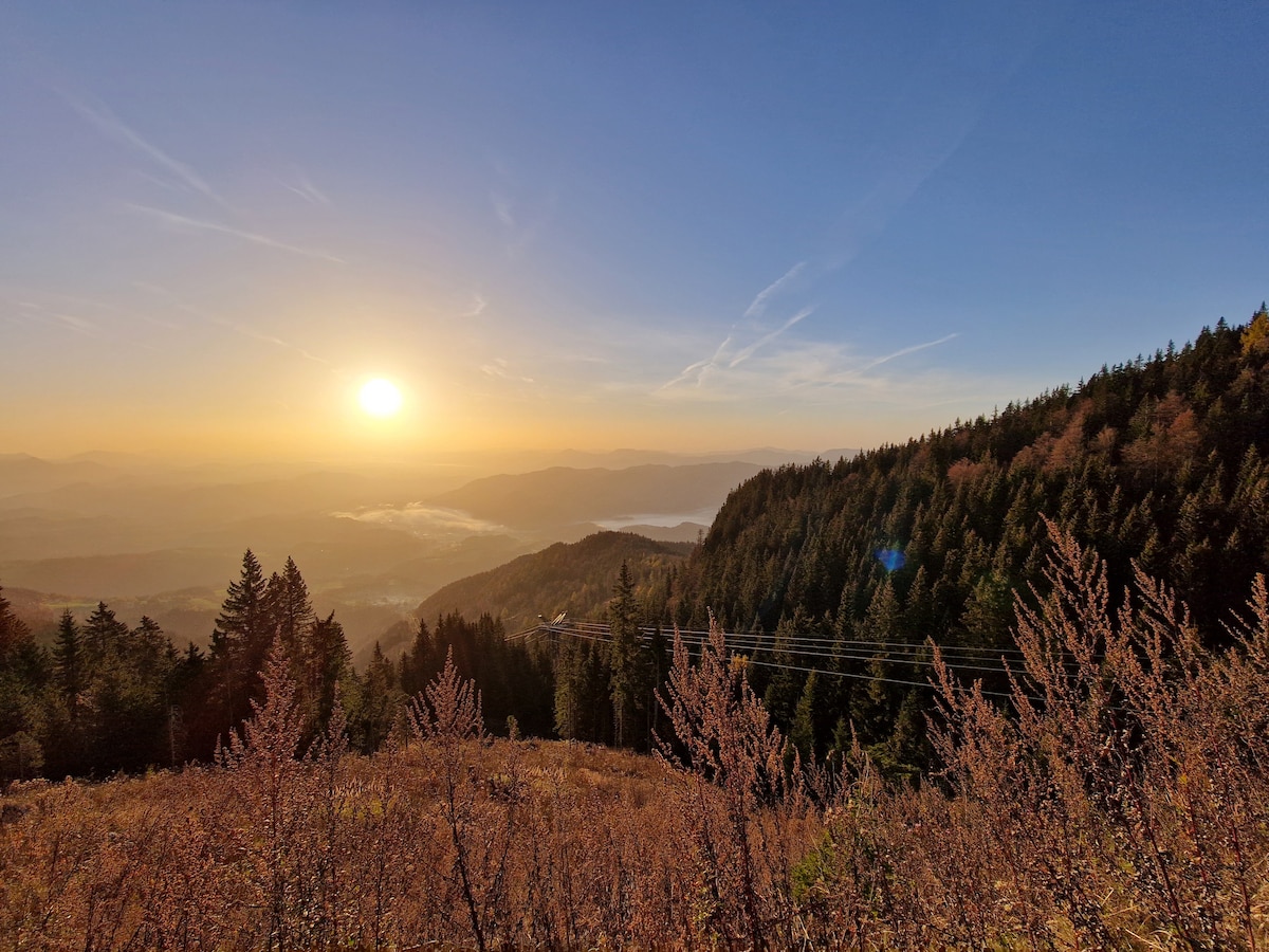 A panoramic view captures a sunset over rolling hills, with the sun casting a warm glow across the landscape. Trees rise prominently in the foreground, while distant mountains fade into a hazy backdrop, suggesting a serene and expansive natural setting.
