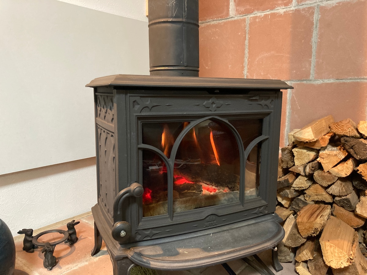 A black wood stove is positioned against a rustic wall, featuring a glass front that reveals a warm fire within. Stacked logs are neatly arranged beside the stove, providing a cozy ambiance to the living area.
