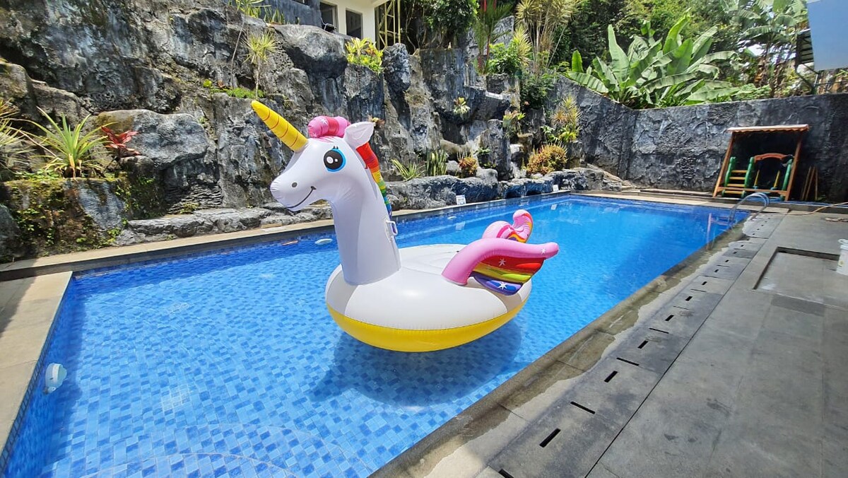 A private swimming pool is surrounded by natural stone landscaping. In the center, a unicorn-shaped inflatable float rests on the water, which shimmers in various shades of blue. Lush greenery and tall plants are visible in the background, adding a serene touch to the setting.