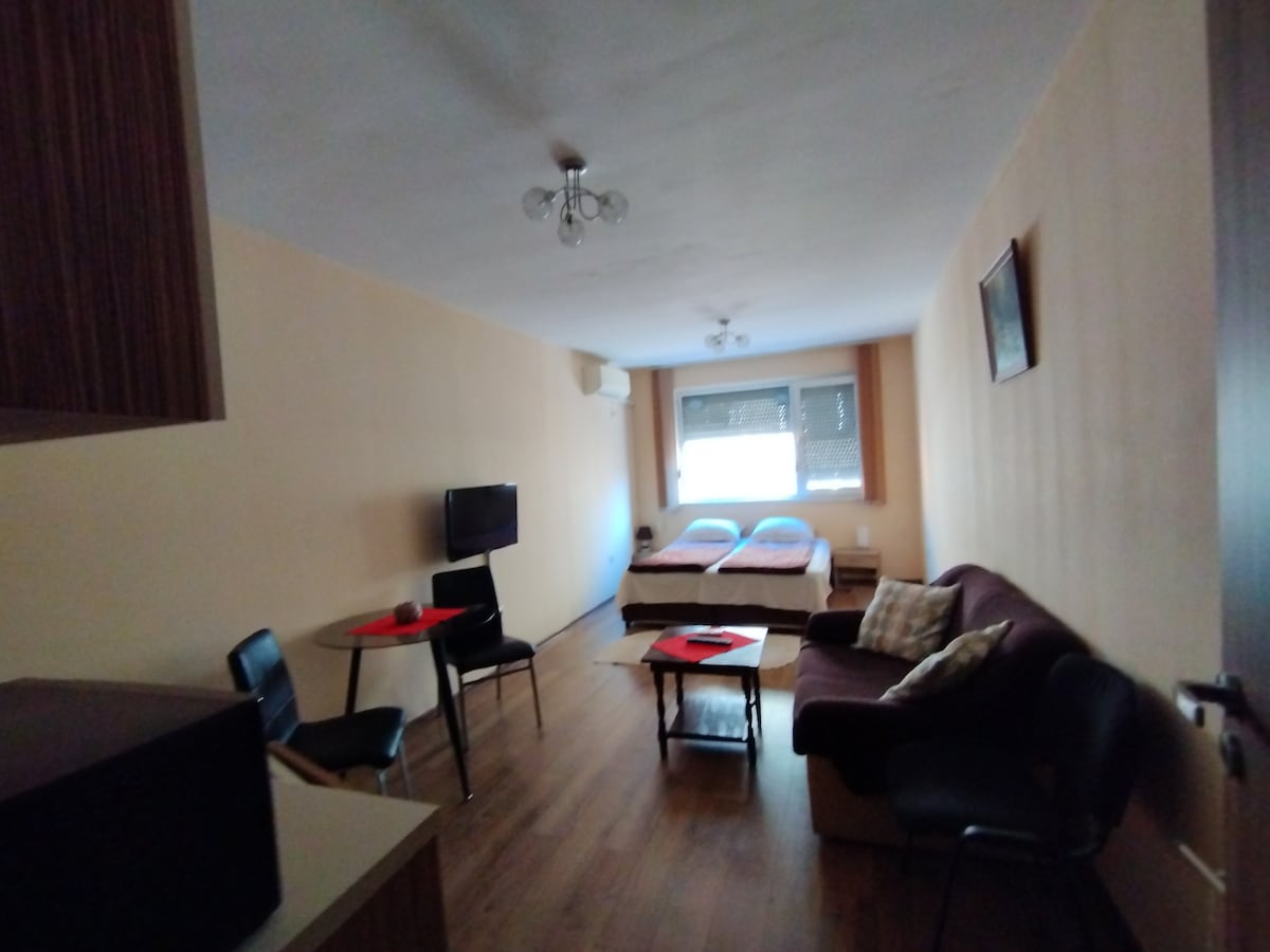 A spacious room features a cozy seating area with a sofa and a small table. Two beds are positioned near the window, complemented by a light-colored wall. A television is mounted on the wall across from the seating, while natural light fills the space.