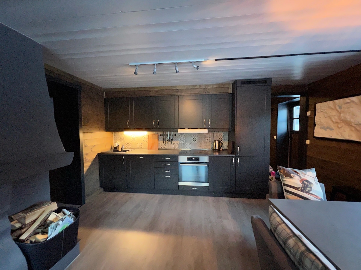 The kitchen features dark cabinetry complemented by light countertops. A modern stove and oven are integrated into the design, and ample lighting highlights the workspace. The layout is open, allowing easy movement, with a fireplace visible in the corner.