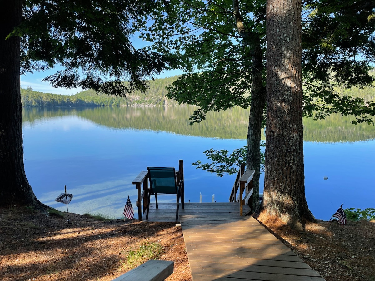 A wooden pathway leads to a private dock beside a calm lake, surrounded by tall trees. The clear water reflects the blue sky and greenery, creating a serene atmosphere. Flags can be seen near the dock, adding a hint of color to the natural setting.