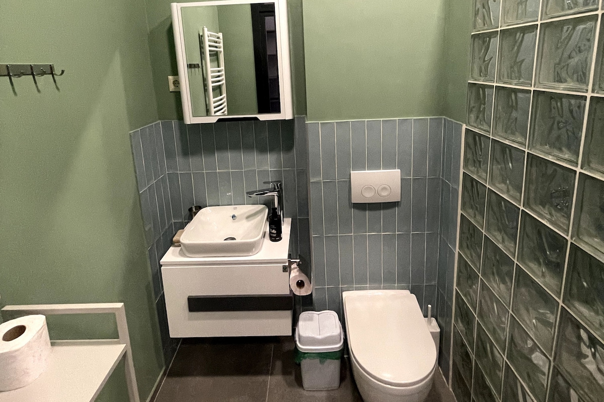 A compact bathroom features a modern vanity with a square basin above a sleek storage cabinet. A toilet is positioned beside it, with a roll of toilet paper on the left. The walls are adorned with green and blue tiles, while a glass block wall provides light.