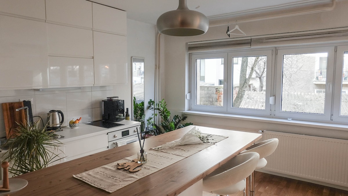A modern kitchen features sleek white cabinetry and a large wooden dining table. Natural light enters through the expansive windows, illuminating potted plants placed nearby. Appliances include a kettle and coffee maker, presenting a fully equipped cooking space.
