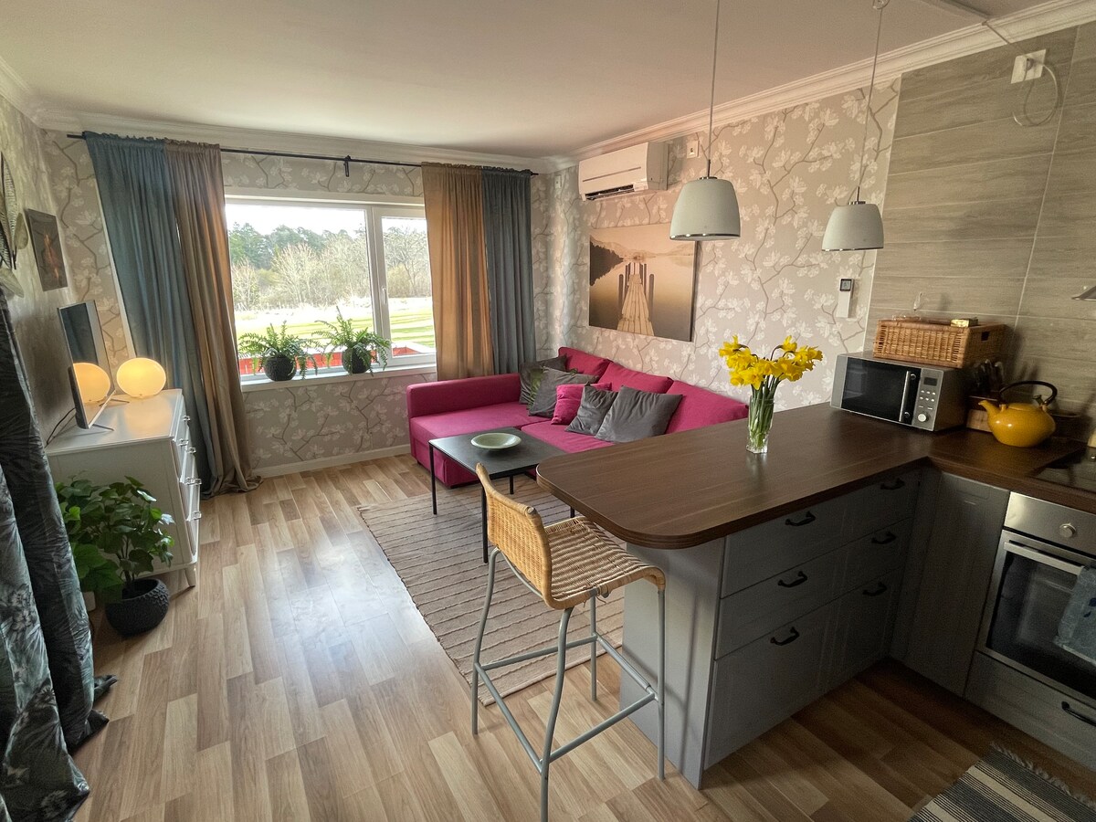 Hapa kuna sebule yenye mwonekano mzuri wa mazingira ya vijijini. Chumba hicho kina televisheni, eneo la kulia chakula na kitanda cha sofa.

 Hapa kuna sebule yenye mwonekano wa mazingira ya vijijini. Ina televisheni, eneo la kulia chakula na kitanda cha sofa