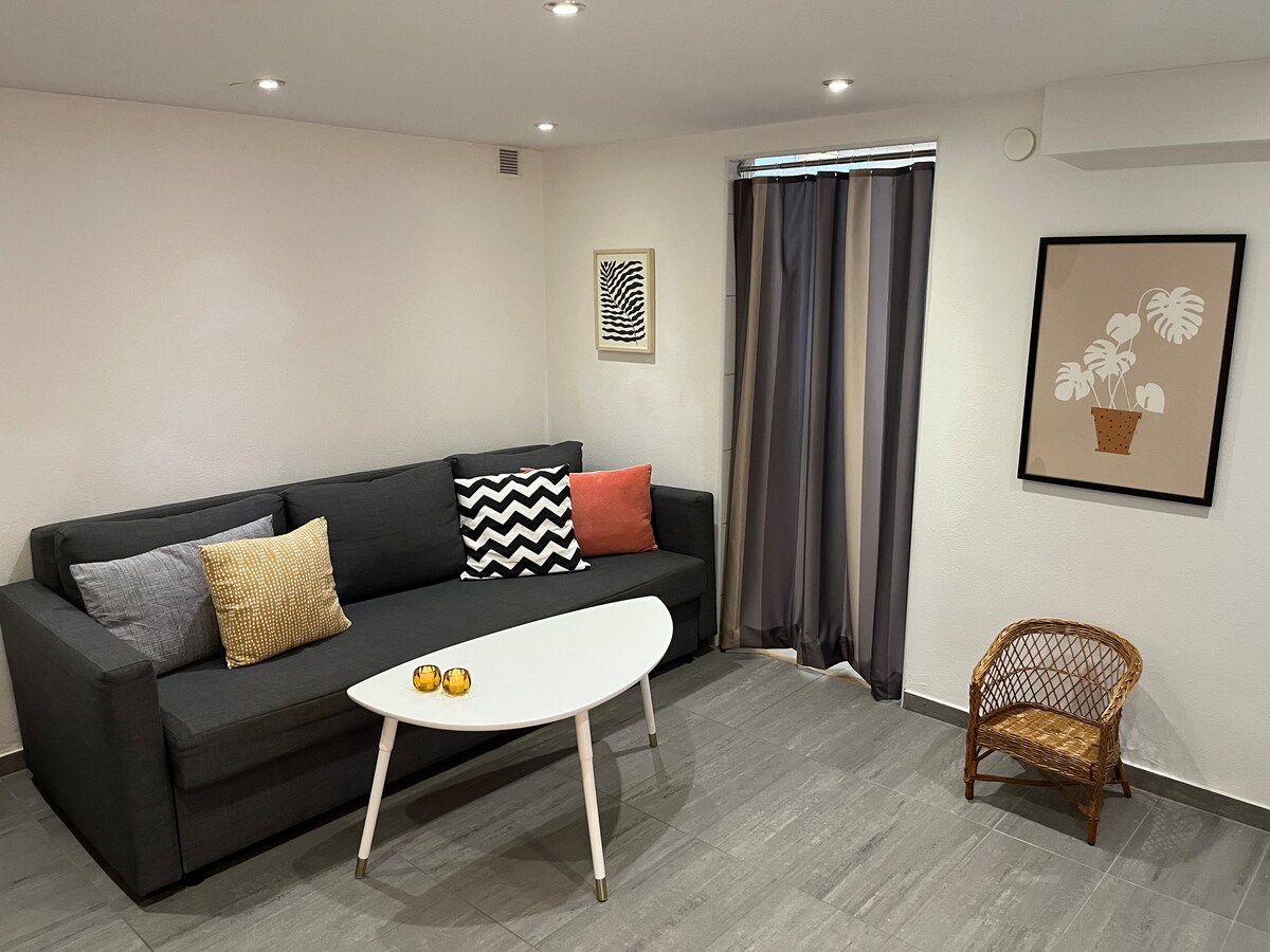 A modern living area is featured with a dark sofa adorned with colorful cushions. A white coffee table sits in front, complemented by a small woven chair. Natural light enters through a partially draped window, while framed artwork adds a touch of character to the wall.