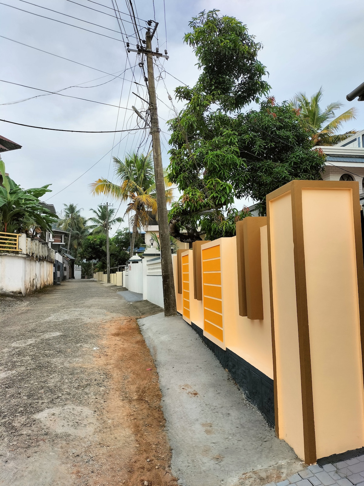 A quiet street is lined with residential properties, featuring colorful boundary walls. Tall palm trees are seen alongside well-maintained yellow and white fences. The pavement shows a mixture of gravel and concrete, leading into the distance under a partly cloudy sky.