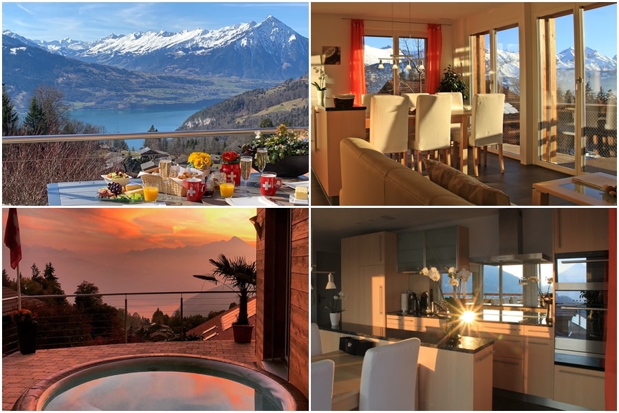 A panoramic view captures majestic snow-capped mountains and a serene lake. In the foreground, a terrace is set with breakfast items, inviting guests to enjoy the scenery.