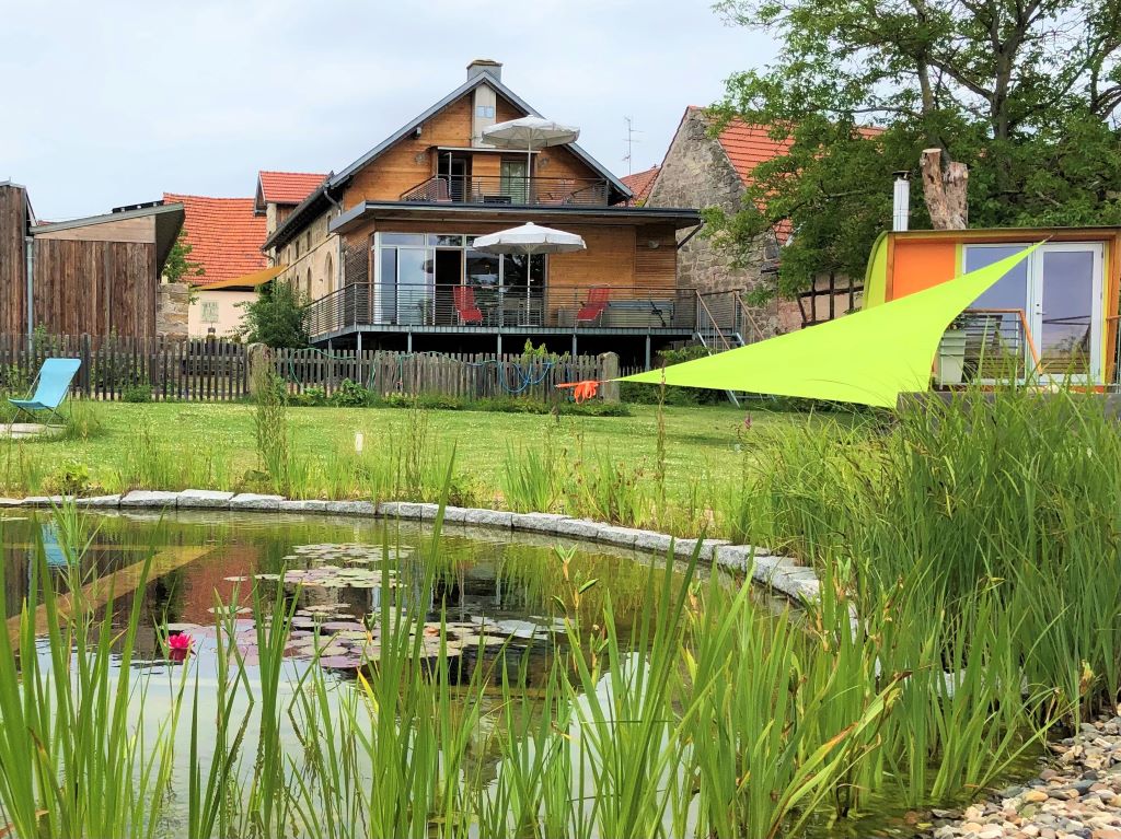 The image highlights a natural garden setting featuring a clear swimming pond surrounded by lush grasses and water lilies. In the background, a modern wooden building is visible with a balcony, outdoor seating, and a bright green canopy offering shade.