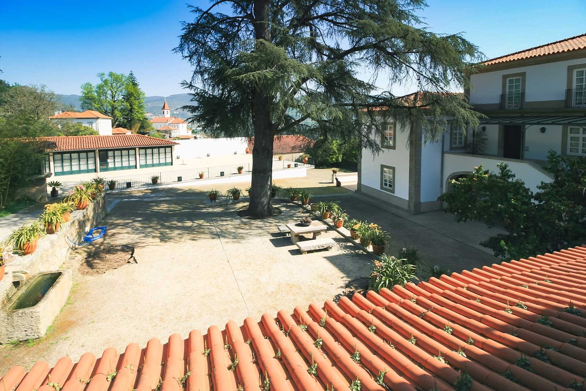 A serene outdoor space is surrounded by trees and buildings, featuring a central area with gravel and planter boxes. Seating arrangements are positioned under the shade, and a fountain is visible in the foreground, contributing to the tranquil atmosphere.