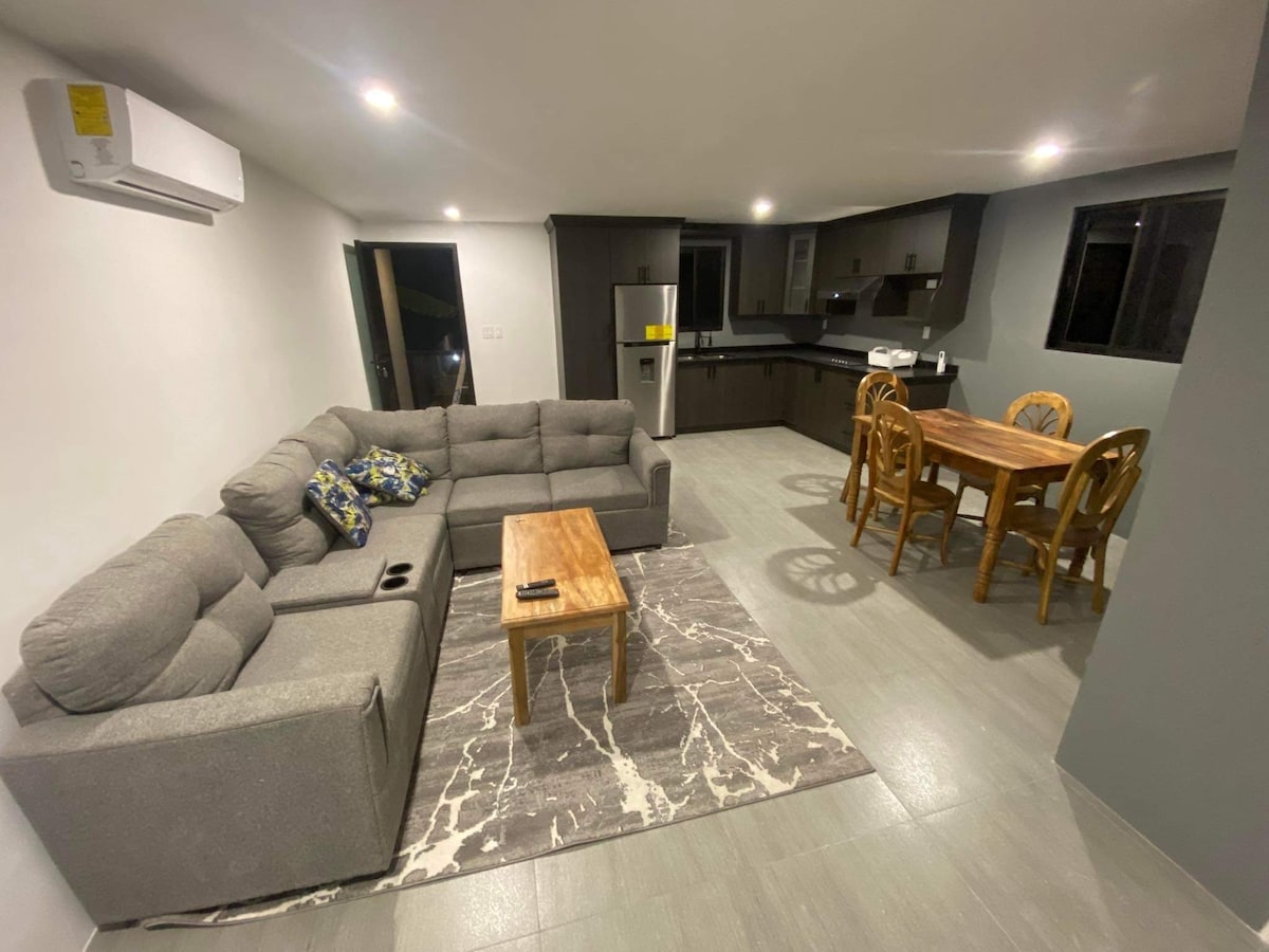 A spacious living area features a gray sectional sofa, a small coffee table, and a soft area rug. The kitchen is equipped with modern appliances and a dining table accommodates four chairs. Large windows allow natural light to brighten the space.