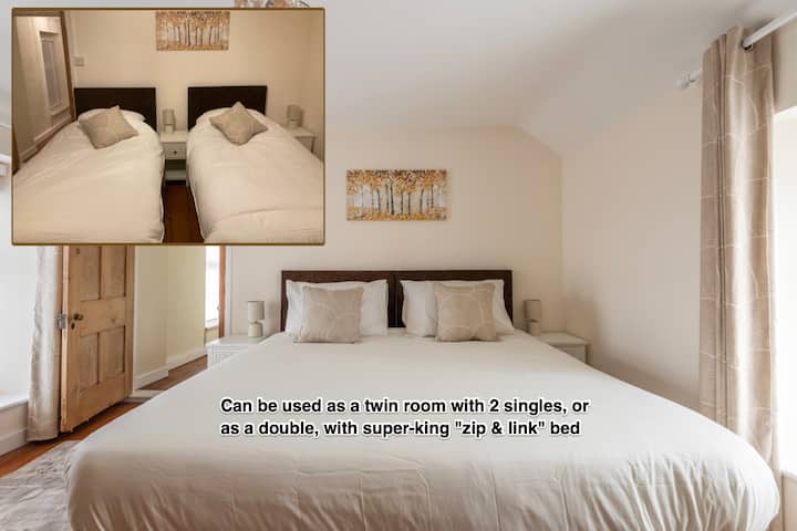 The second bedroom can be used as a double or a twin room. The mattresses are "zip and link", so we can join them together to make a huge "super king" sized bed, or separated if two single beds are preferred. We'll ask how you'd like things set up.