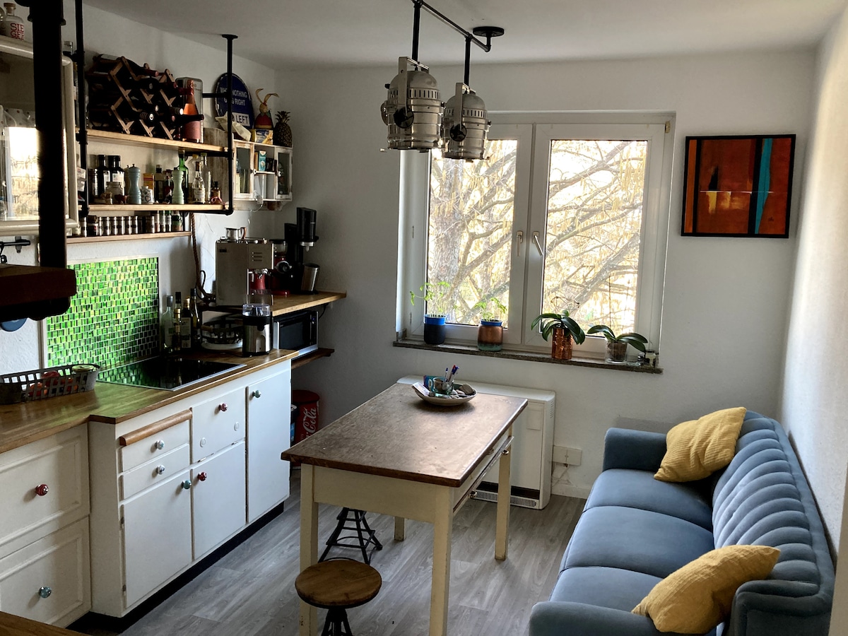 An inviting kitchen and living area features a wooden table surrounded by bright decor. Soft blue seating is positioned against a wall, while a variety of plants are placed on the windowsill, allowing natural light to illuminate the space through the large window.