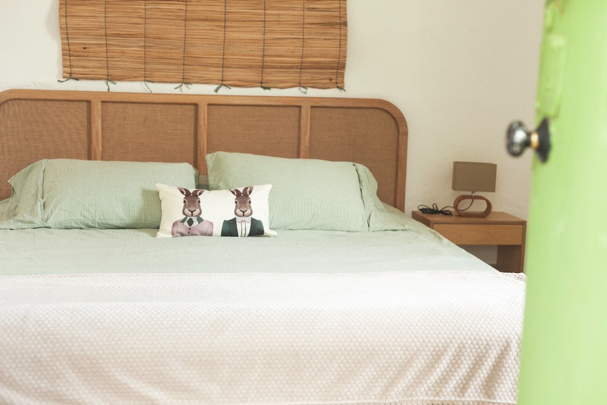 A spacious bed is dressed in soft green linens, complemented by a decorative throw at the foot. Two unique pillows featuring playful animal designs are positioned at the head of the bed. A bedside table with a lamp is visible next to the bed.