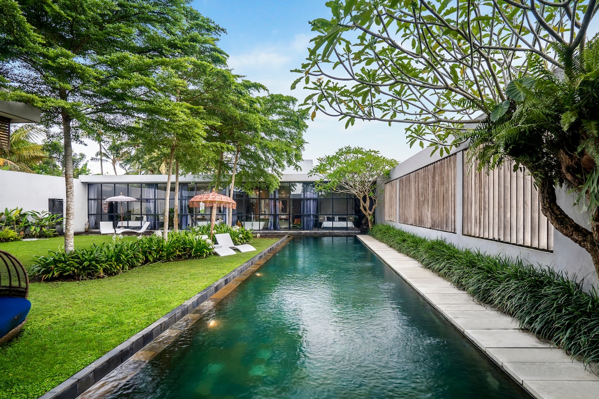 A serene outdoor area is depicted, featuring a long swimming pool bordered by lush greenery and palm trees. Comfortable loungers are positioned beside the pool, while a shaded seating area under an umbrella offers a relaxing retreat. The modern architecture of the loft can be seen in the background.