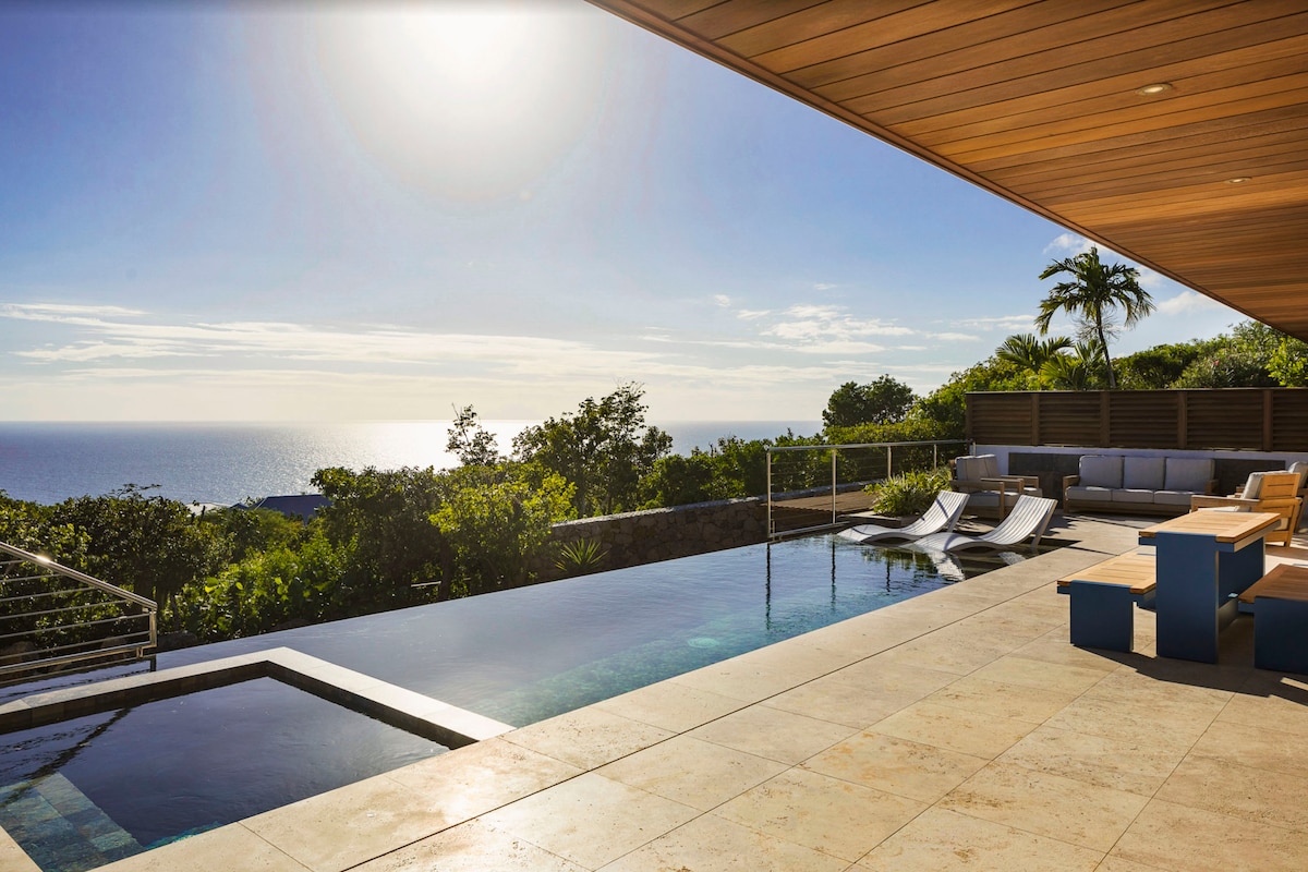 The outdoor terrace features a serene infinity pool overlooking the ocean, with sunlight reflecting on the water. A selection of lounge seating is arranged nearby, surrounded by lush greenery. The area is designed for relaxation, enhancing the connection to the natural surroundings.