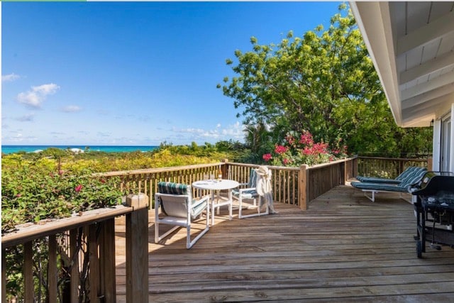 A spacious deck features outdoor seating for four and reclining lounge chairs, surrounded by lush greenery and blooming flowers. The ocean can be seen in the distance, under a clear blue sky.