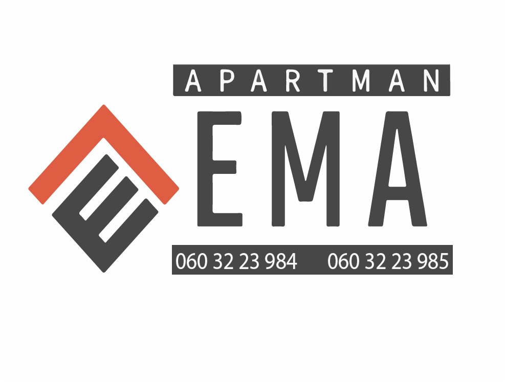 The image features a modern logo for 'Apartman EMA.' It includes stylized geometric shapes in orange and gray, with the text prominently displayed in bold, capital letters. Contact numbers are provided below the name, emphasizing clear communication for potential guests.