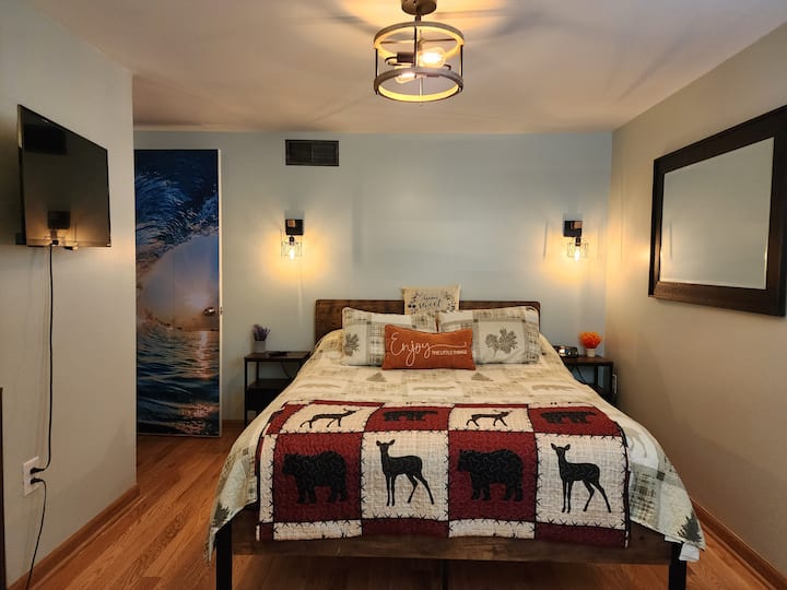 Our queen bedroom offers privacy with locking door.