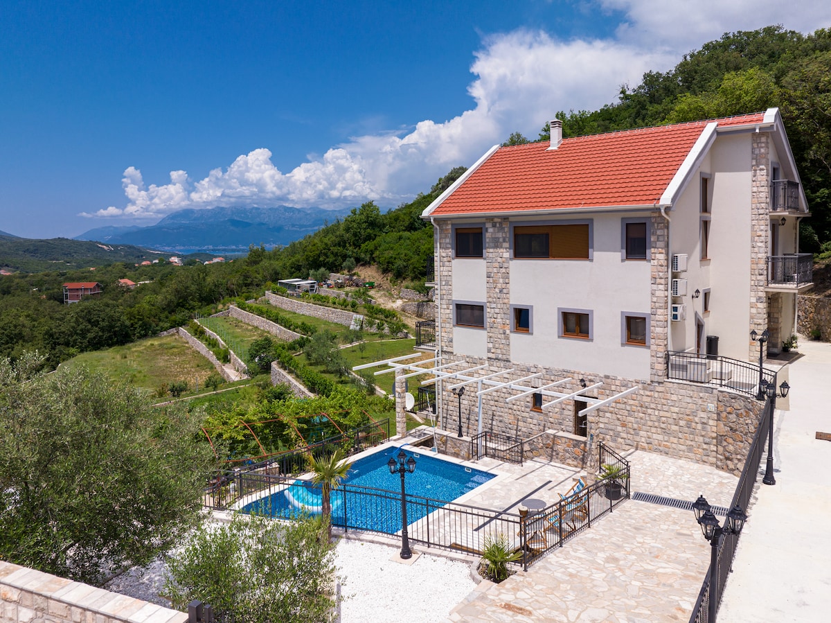 The villa's exterior is showcased, displaying a three-story structure with a combination of stone and modern design. A private swimming pool is situated on a stone patio, surrounded by greenery and vineyards. The backdrop features mountains and a blue sky with scattered clouds.