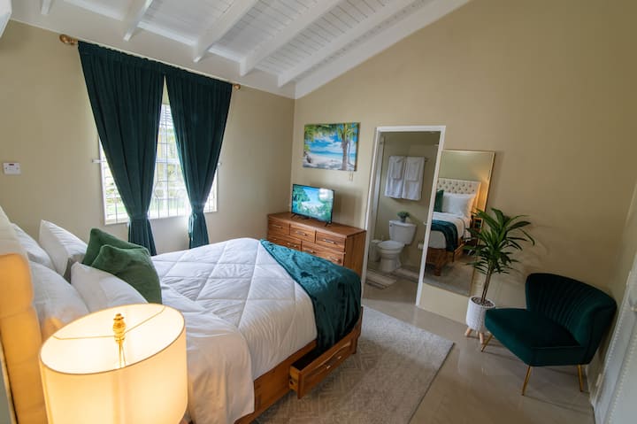 [MASDTER SOVRUM] - Queen-säng, eget badrum, 32-tums smart-TV, spegel i full längd, garderob, medelhög fast madrass i minnesskum.