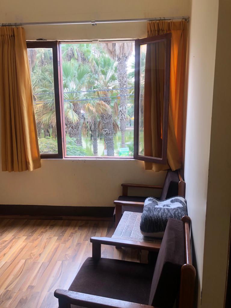 A corner of a room features a large window with warm yellow curtains partially drawn open, offering a view of lush palm trees. Two wooden chairs and a small table occupy the space, creating a cozy seating area illuminated by natural light.