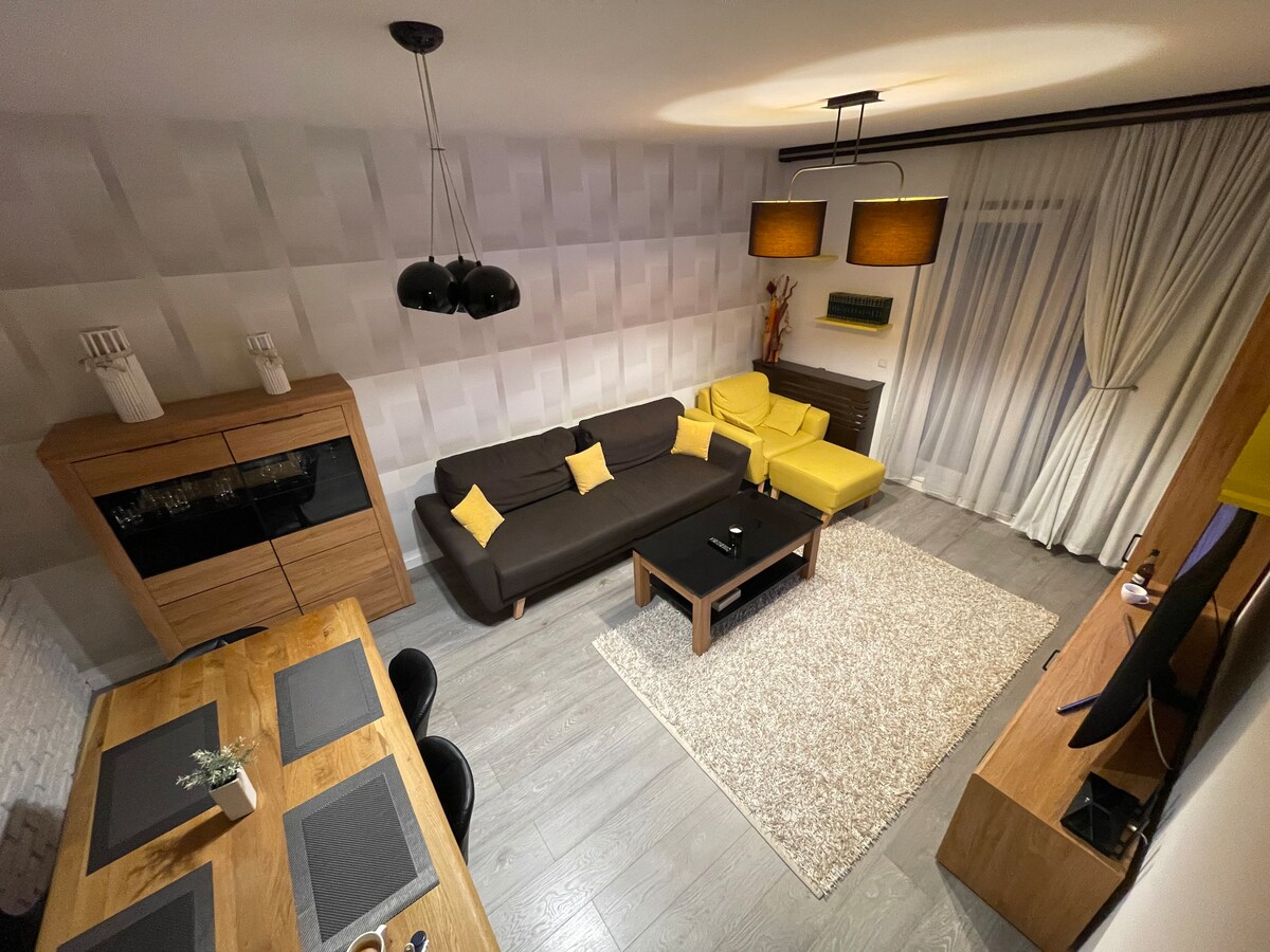 A modern living area features a dark brown sofa with yellow accents, complemented by a stylish coffee table. A wooden dining table is present nearby, surrounded by black chairs. Light streams through sheer curtains, illuminating the textured wallpaper and soft area rug beneath.