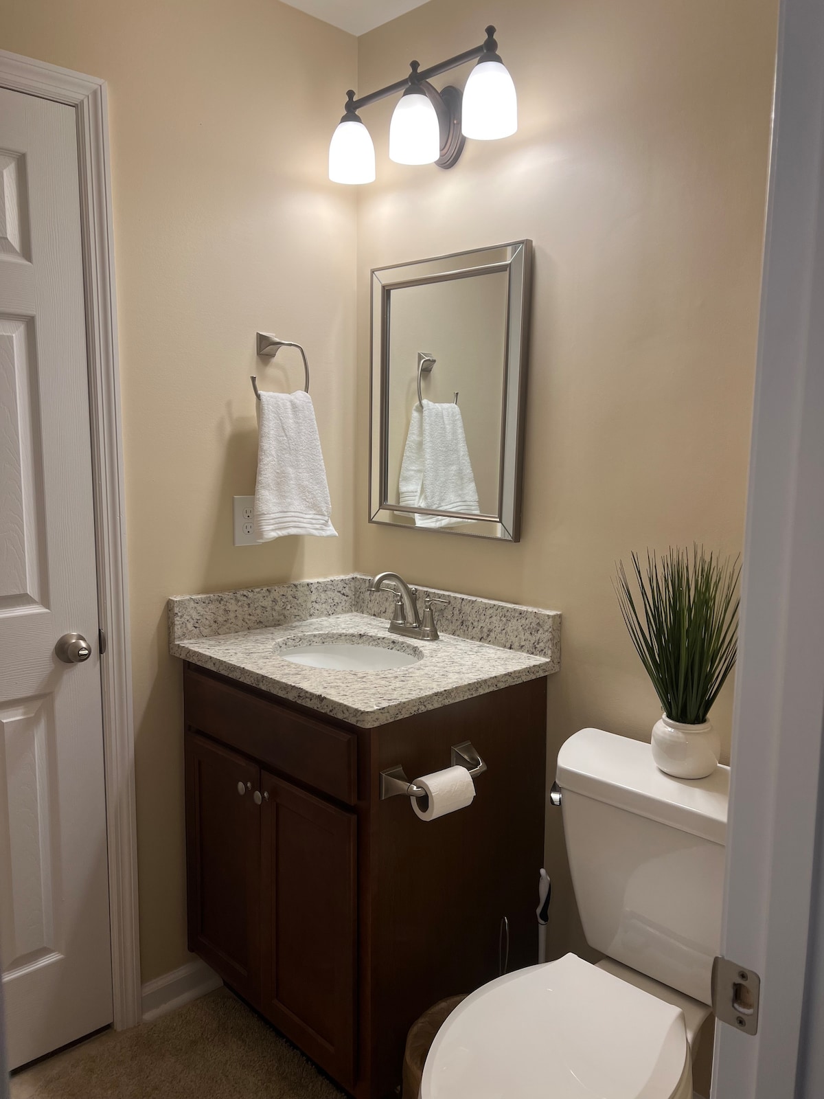 A well-lit bathroom features a light-colored granite vanity with an under-mounted sink. A mirror above reflects the warm tones of the walls. To the right, a modern toilet is positioned, alongside a small potted plant, contributing to the clean and organized environment.