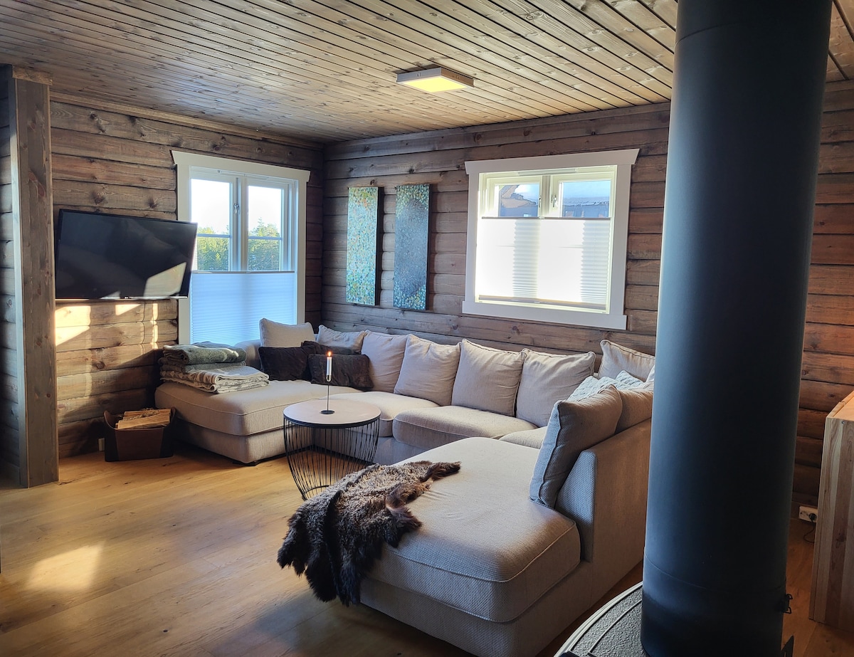 A cozy living area features a spacious sectional sofa adorned with a soft throw blanket. A flat-screen television is mounted on the wooden wall. Natural light enters through two large windows, enhancing the warm tones of the wooden interior.