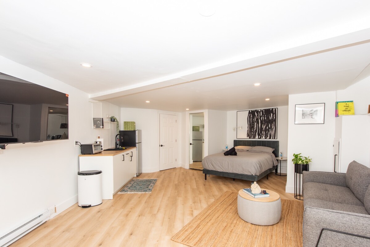 A modern studio apartment features a spacious layout with light wood flooring. A comfortable bed is positioned against a wall. A seating area includes a gray sofa and a circular coffee table. A kitchenette is equipped with appliances, providing convenience for guests.
