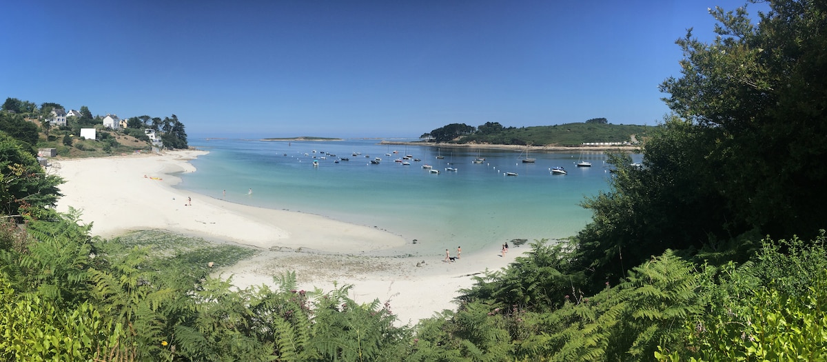 A panoramic view of a tranquil beach is captured, showcasing soft sandy shores meeting calm turquoise waters. Small boats are anchored gently in the bay, while lush greenery frames the foreground. The horizon reveals a distant landmass, enhancing the serene coastal setting.