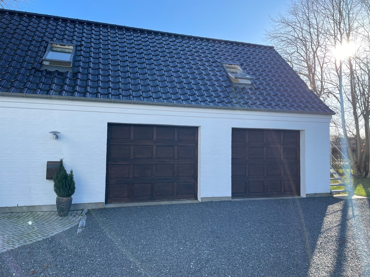 The exterior of the property showcases a modern garage with two wooden doors set against a white brick wall. Natural light illuminates the scene, highlighting the texture of the roof and the gravel driveway leading to the entrance. A small potted plant adds a touch of greenery.