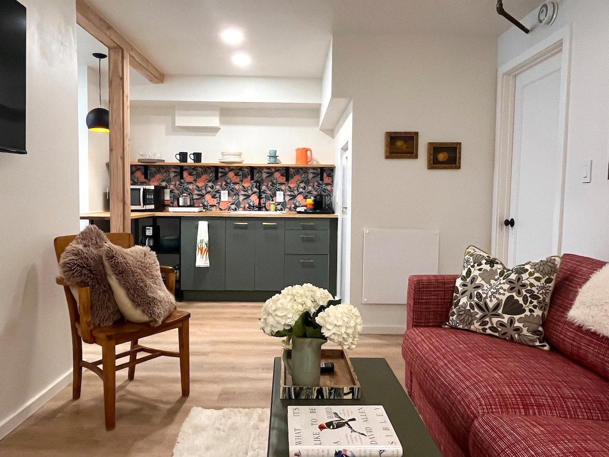 A modern, welcoming living space showcases a red plaid couch adorned with patterned pillows. A small coffee table holds a vase of white flowers. In the background, a kitchenette is visible, featuring dark cabinets, a variety of kitchen appliances, and a decorative backsplash.