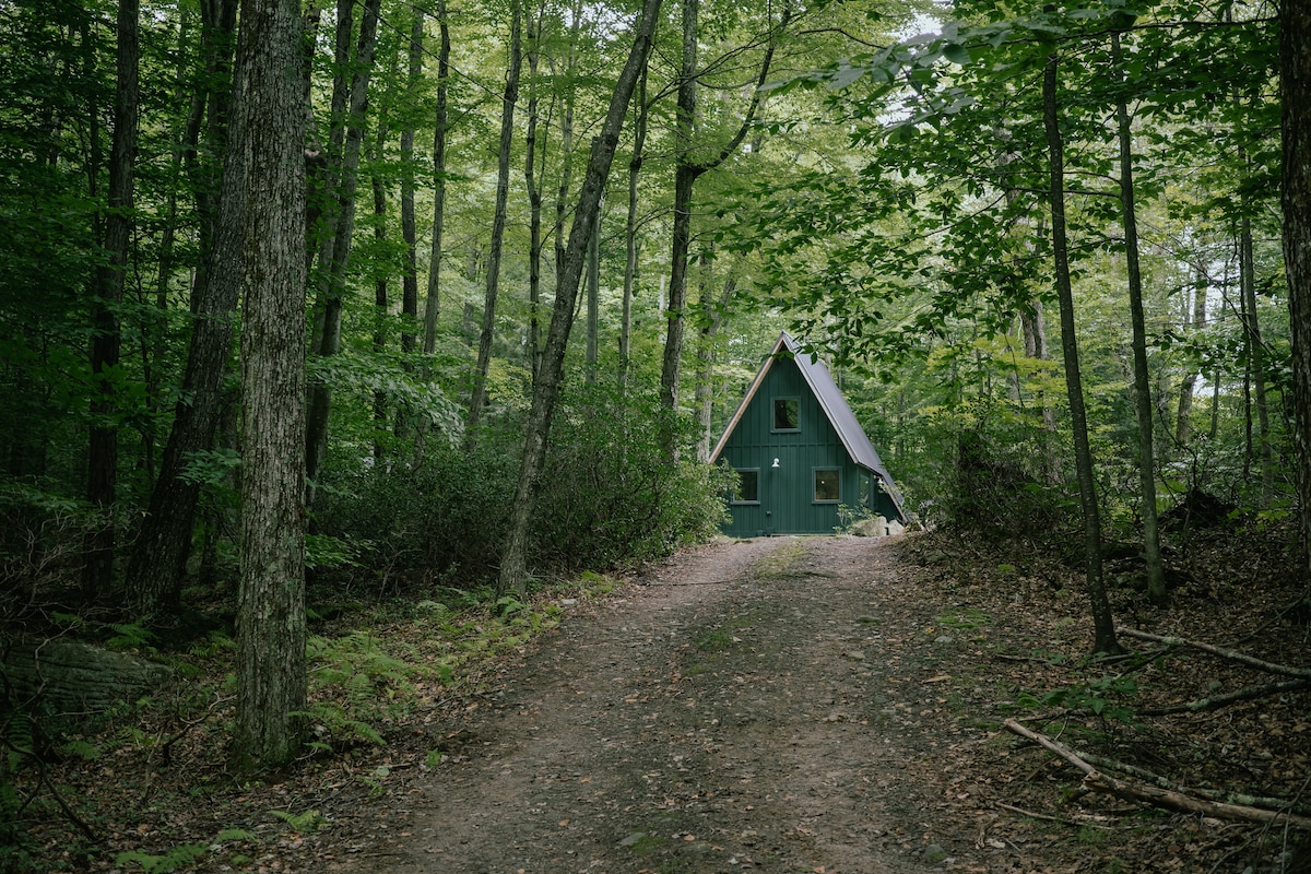 A minimalist A-frame cabin is nestled among lush trees, creating a serene atmosphere. The dark green exterior contrasts with the surrounding foliage, while a dirt driveway leads up to the entrance, inviting exploration of the peaceful wooded setting.