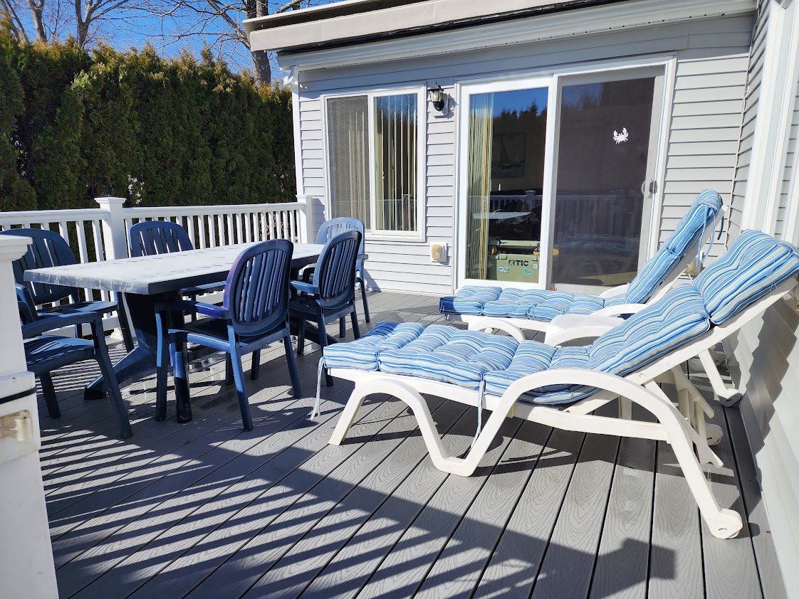 A sun deck features a dining table with matching blue chairs and two loungers with striped cushions. The outdoor area is enclosed by hedges, and large sliding doors provide access to the interior space.