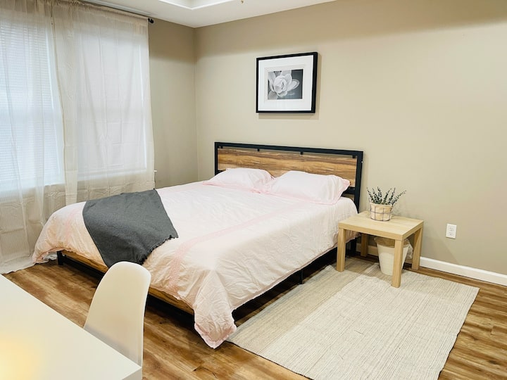 king bed and work desk