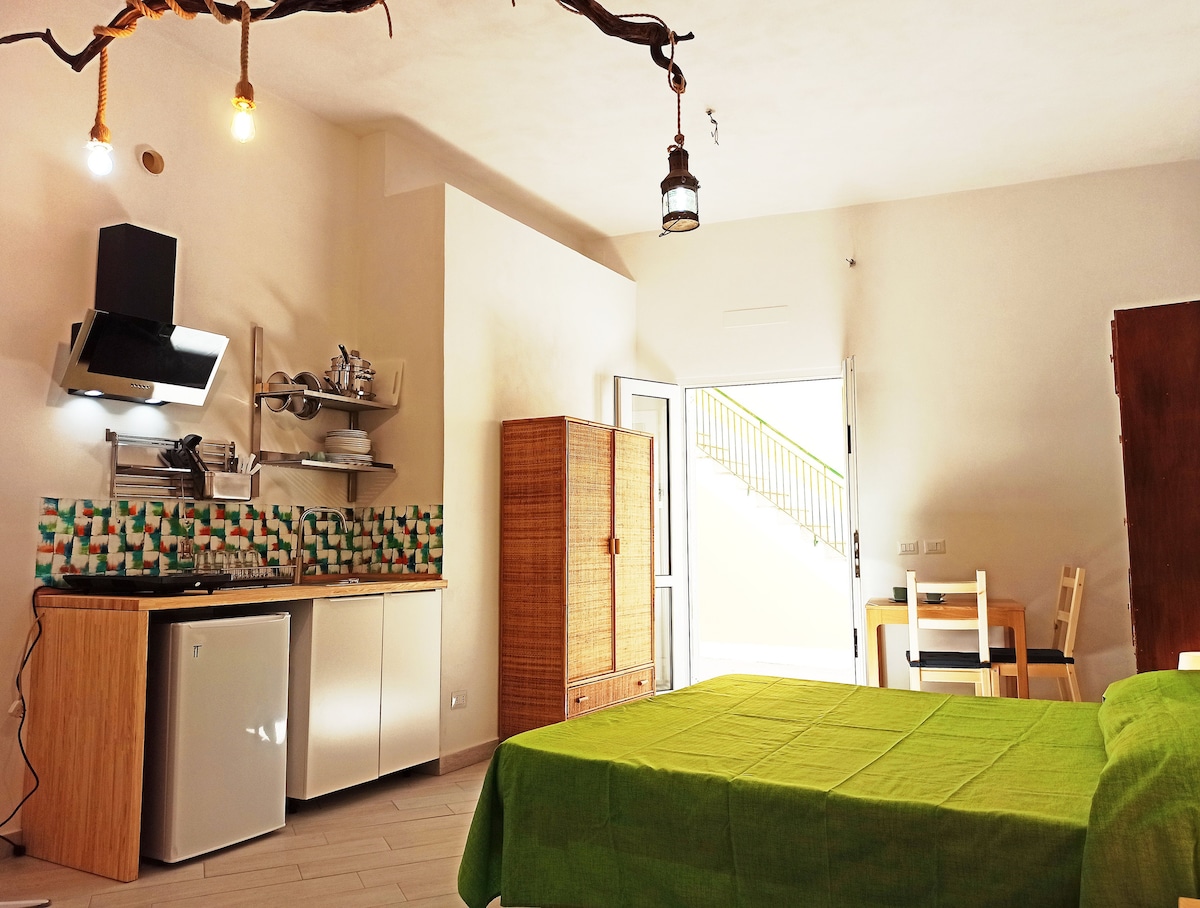 A well-organized studio apartment includes a spacious bed draped in a green coverlet. The kitchenette features a small refrigerator and utensils. Natural light enters through the open door, which leads to an exterior stairway. Wooden furniture adds warmth to the inviting space.
