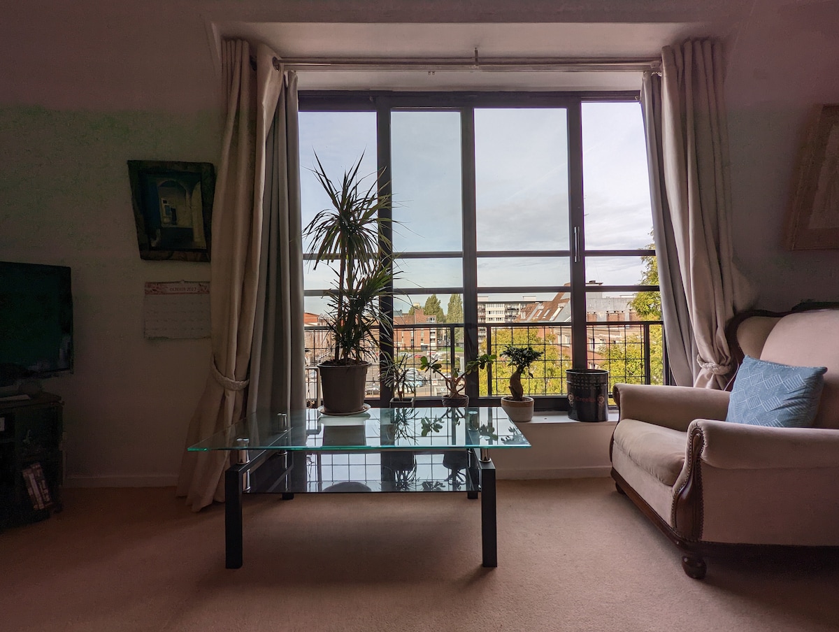 A bright living area features large floor-to-ceiling windows with a view of the surrounding neighborhood. A glass coffee table sits centrally on a soft carpet, with a cozy armchair positioned nearby. Potted plants add a touch of greenery to the space.