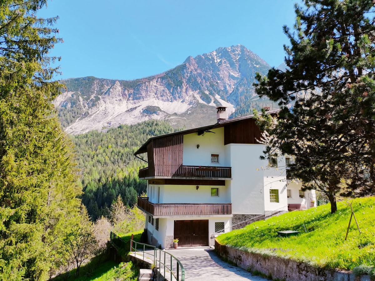 A three-story house is surrounded by lush greenery and tall trees, with a backdrop of a mountain. The property features balconies on the upper floors, and the ground level includes a garage area. Sunlight illuminates the exterior, highlighting the natural beauty of the setting.