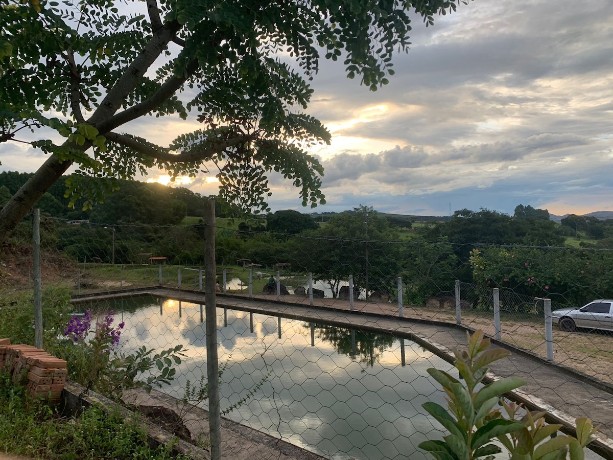 A serene swimming pool is surrounded by lush greenery and blooming flowers. The tranquil water reflects the sky, enhancing the natural landscape. A gentle sunset casts soft light over the area, creating a peaceful outdoor environment.