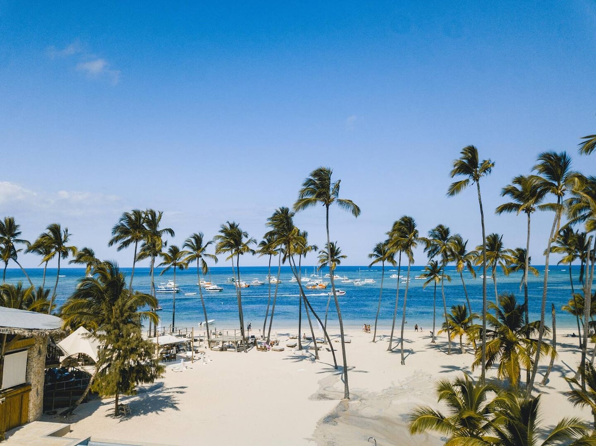 A wide expanse of sandy beach is framed by tall palm trees swaying gently in the breeze. The clear blue water glistens under a bright sky, with small boats dotting the horizon. A relaxed atmosphere invites guests to enjoy the serene coastal scenery.