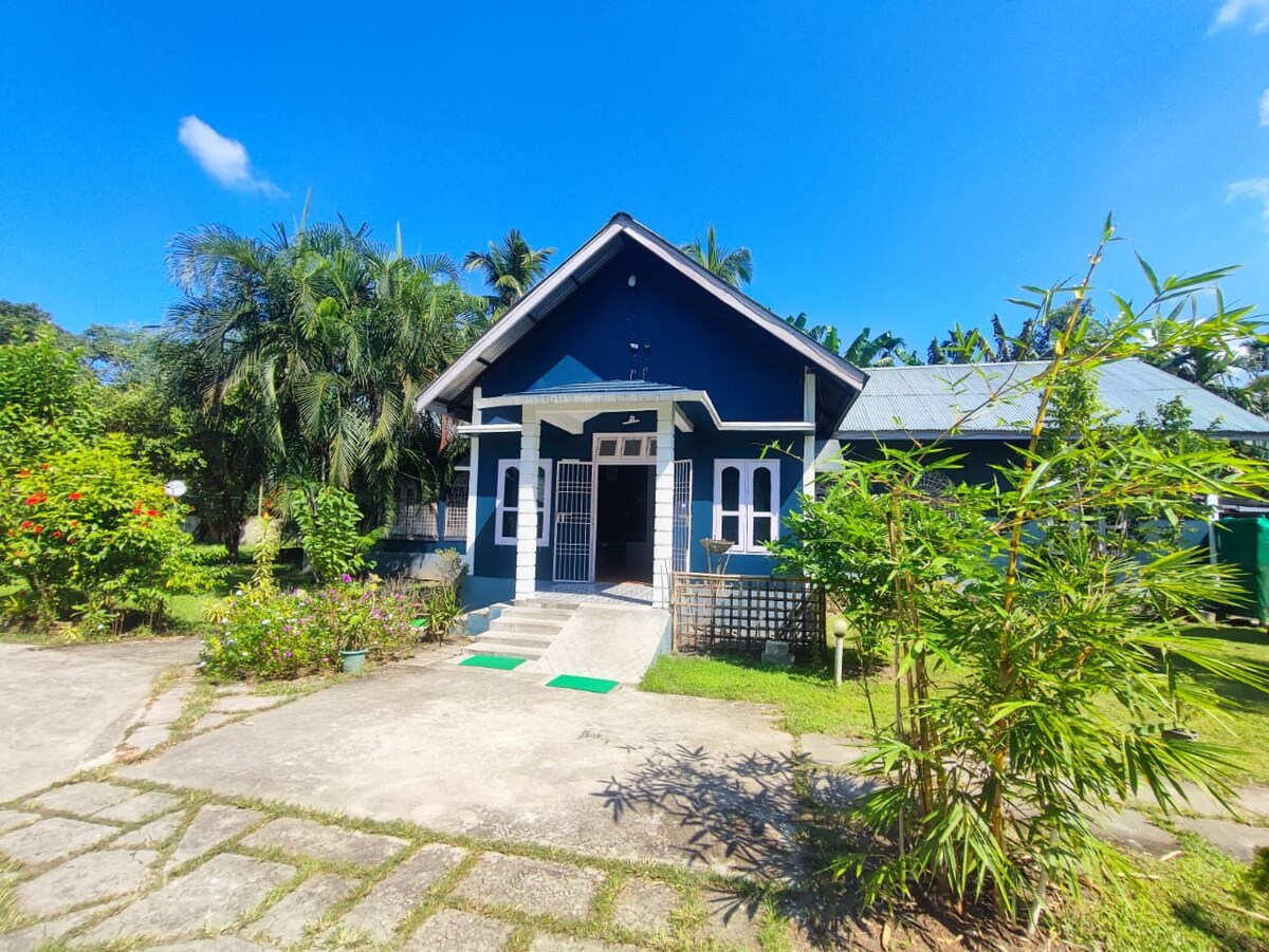 The exterior of the house showcases a charming blue facade, framed by lush greenery and vibrant flowers. A path leads to the front entrance, while a gate provides access to the patio area. The clear blue sky adds brightness to the inviting scene.