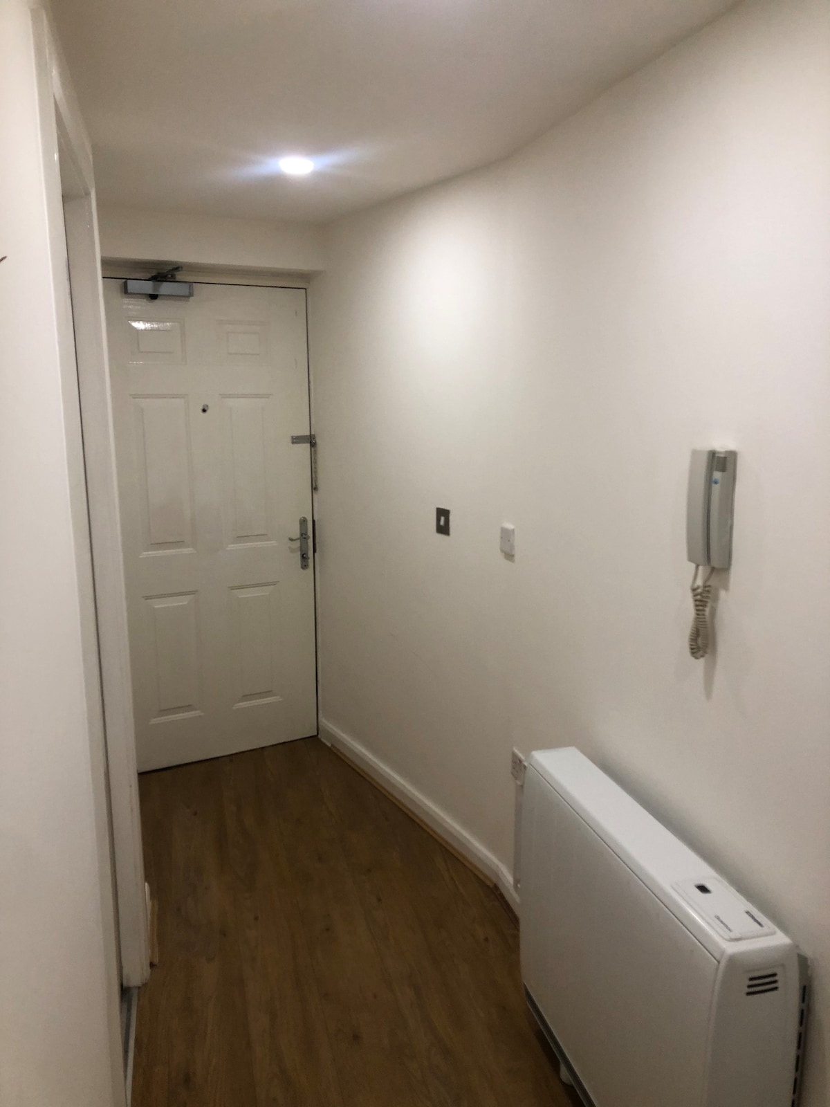 A narrow hallway features a white door at the far end, flanked by smooth white walls. A wall-mounted intercom is positioned to the right, while a slim heating unit is located on the opposite side. The wooden floor adds to the clean, modern aesthetic.