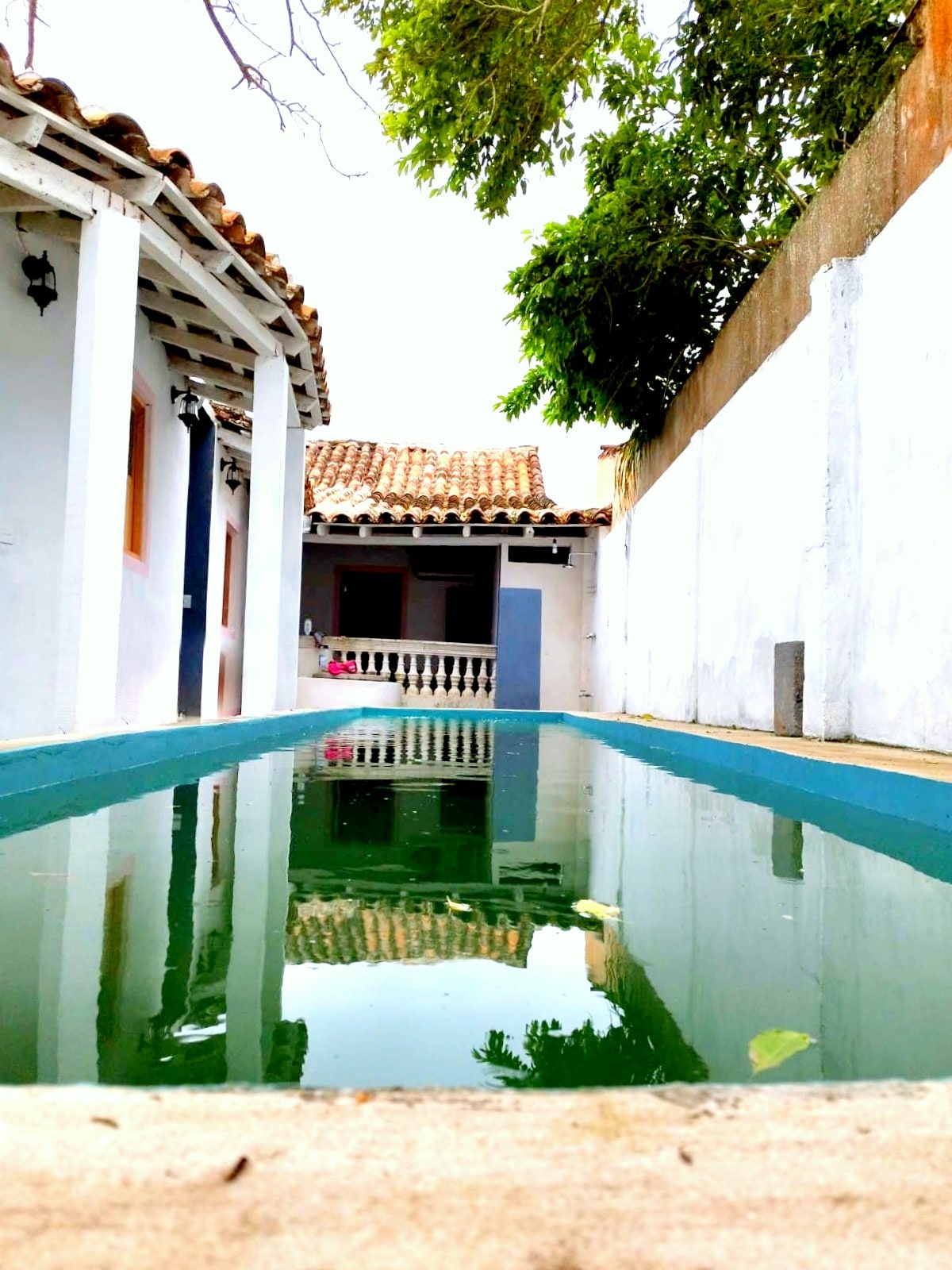 The Italian style pool reflects the surrounding architecture and greenery, framed by shaded walls of the house. The pool's green water emulates the hue of the nearby river, enhancing the serene atmosphere of the private courtyard.