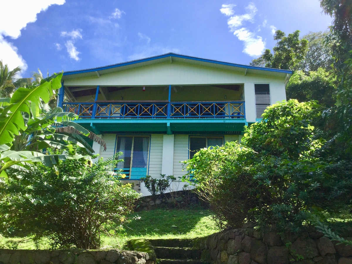 A two-story house is nestled among lush greenery, featuring a wrap-around balcony painted in blue and yellow. The structure is complemented by large windows, allowing natural light to illuminate the interior. Steps lead up to the entrance, encouraging exploration of the surrounding garden.