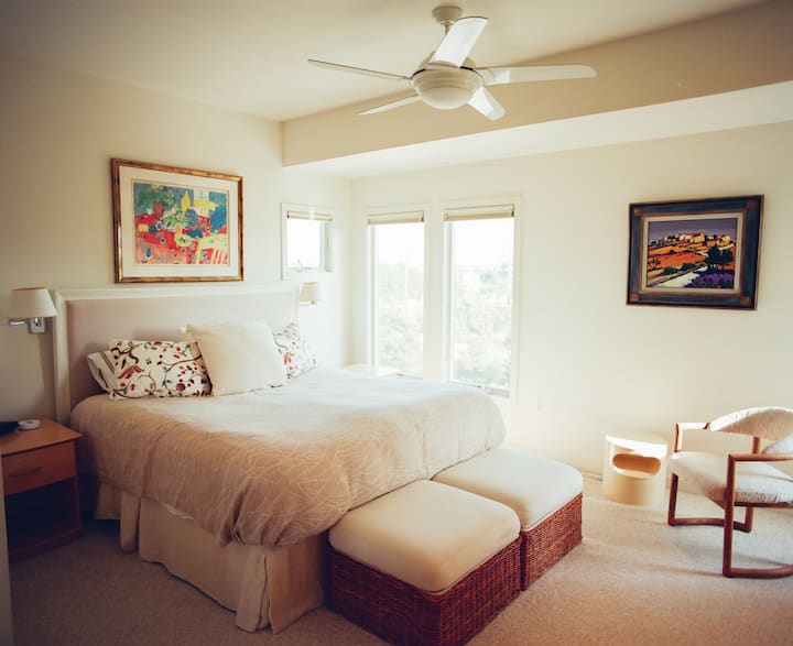 Ძირითადი საძინებელი მაღლა. საწოლი დიდი საწოლით.  Armoire, ფეხით კარადა, ცალკე აბაზანა, ცალკე სხდომაზე და სატელევიზიო ოთახი კაბრიოლეტი სიყვარული ადგილს შევიდა დამატებითი საწოლი!