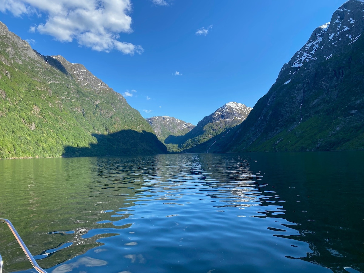 A serene landscape captures the still waters of a fjord, reflecting the surrounding mountain peaks. Lush green vegetation lines the shores, while snow-capped summits rise majestically in the background under a clear blue sky with a few fluffy clouds.