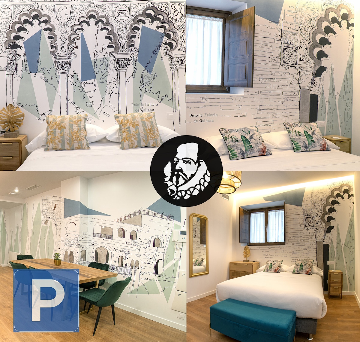 A bright bedroom features a spacious bed with decorative pillows and artistic wall murals inspired by local architecture. A cozy dining area is visible, showcasing a wooden table and matching chairs. Natural light enters through windows, enhancing the open feel.