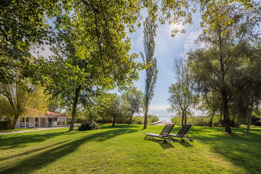 A spacious grassy area is surrounded by lush trees, providing a serene outdoor space for relaxation. Two lounge chairs are positioned side by side under dappled sunlight, inviting guests to enjoy the tranquil view of the nearby water. A pathway leads toward the waterfront in the background.