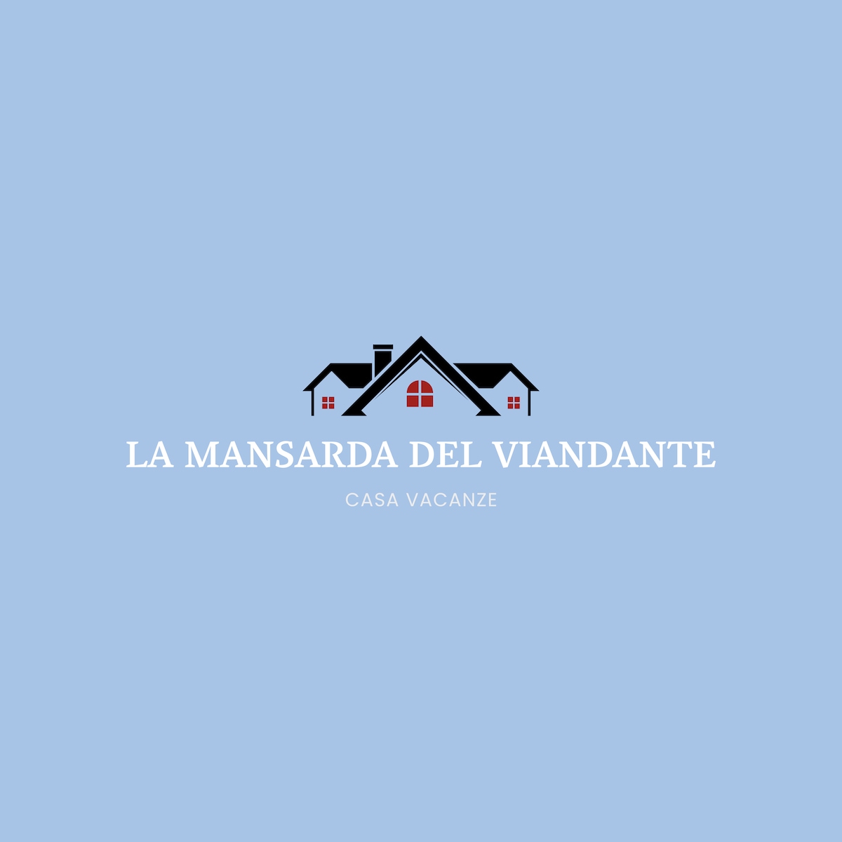 The logo of La Mansarda del Viandante is displayed prominently against a soft blue background. It features a stylized house design with two windows and a chimney, evoking a welcoming and homey atmosphere.